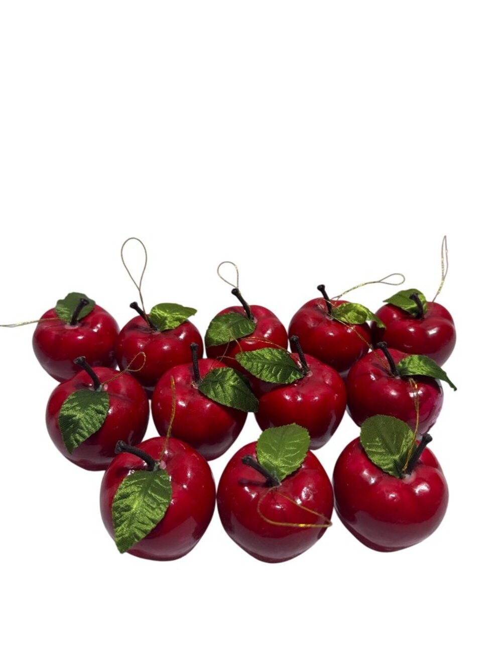 12 Artificial Red Apple Hanging Ornaments Decorative Mini Fruit With Green Leaf